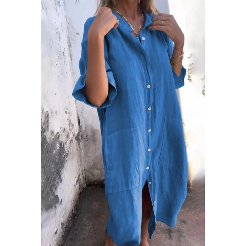 Women's Midi Dress Cotton Linen Dresses Shirt Dress Casual Dress Fashion Classic Vacation Daily Weekend Regular Fit Plain Half Sleeve Shirt Collar Blue Purple Grey Summer