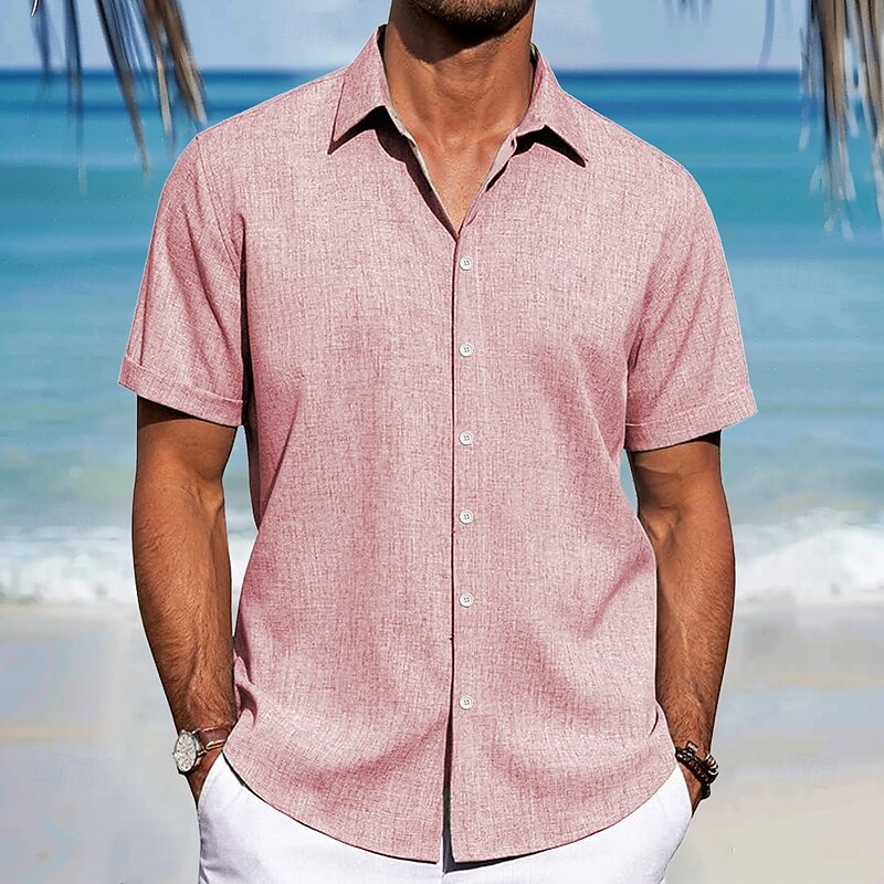 Men's Linen Shirt Beach Shirt Button Up Shirt Short Sleeve Beach Vacation Holiday Beach Wear Summer Spring Collared Shirts Pink Blue Green Gray4