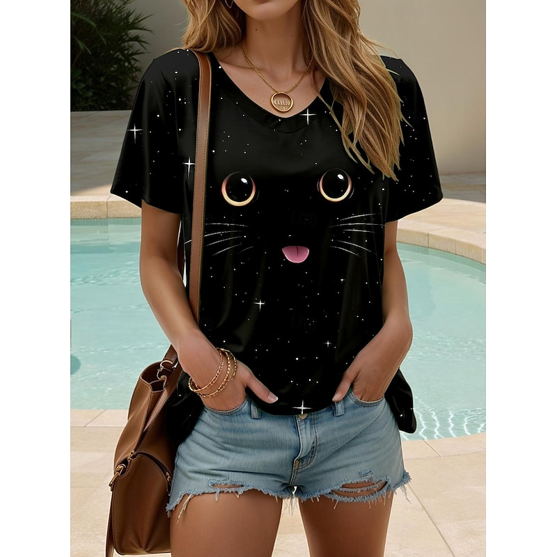 Women's T Shirt Graphic Animal Cat Stylish Casual Short Sleeve Round Neck Regular Tops Daily Weekend Print Black Summer Spring