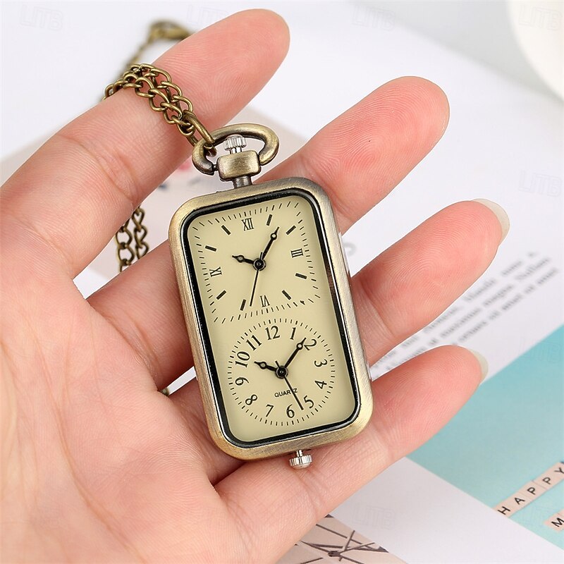 Men Bronze Double Time Zone Rectangle Pocket Watch Quartz Movement Women Ladies Dress Necklace Gifts2