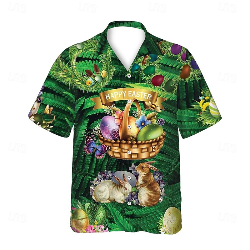 Easter Men's Bunny Egg Happy Easter Shirt Cuban Collar Shirt Button Up Shirt Short Sleeve Vintage Retro Vacation Holiday Festival Summer Spring Camp Collar Shirt 3D Print Green