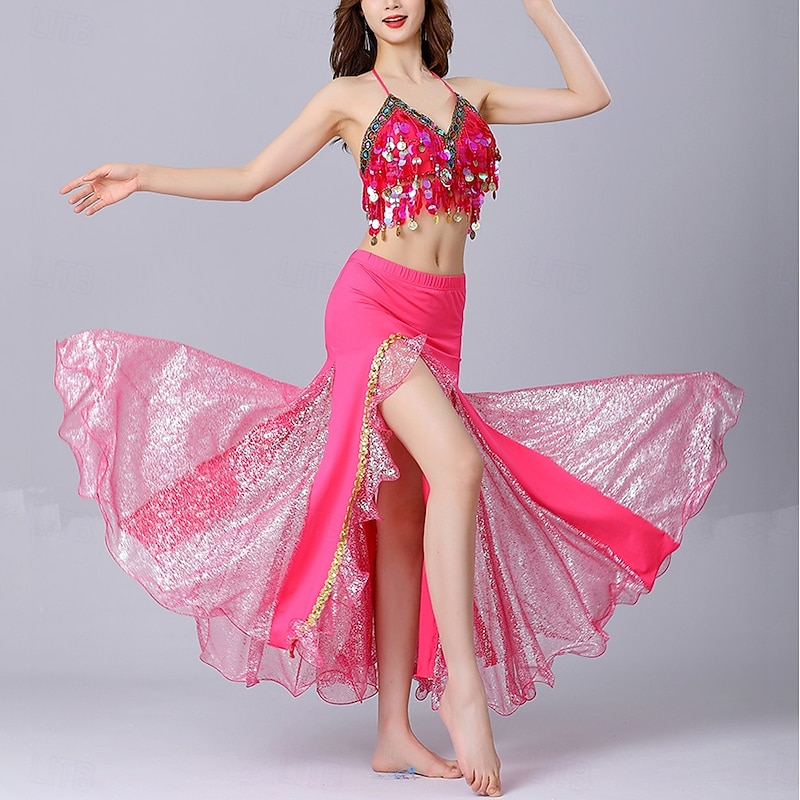 Belly Dance Skirts Gold Coin Pure Color Splicing Women's Performance Training Sleeveless High Polyester4