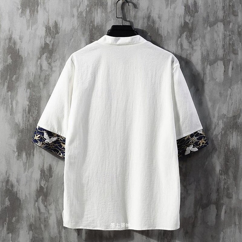 Men's Button T Shirt T Shirt Tee Tee Top Sleeveless Standing Collar Summer Spring Bird Designer Basic Chinoiserie Embroidered Vacation Street Going out Black White Gray Top Tee for Men2