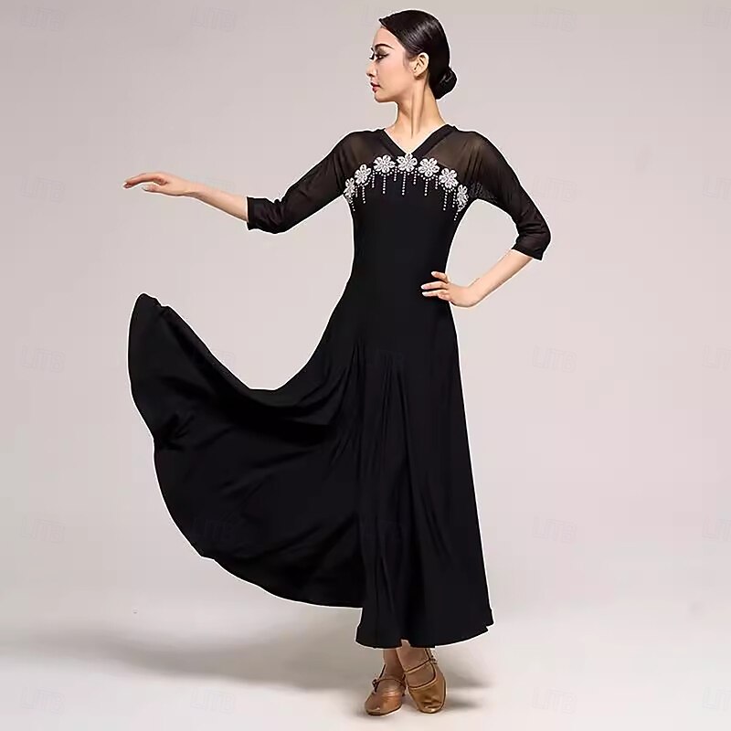 Ballroom Dance Dress Splicing Crystals / Rhinestones Women's Performance Party 3/4 Length Sleeve Crystal Cotton Mesh
