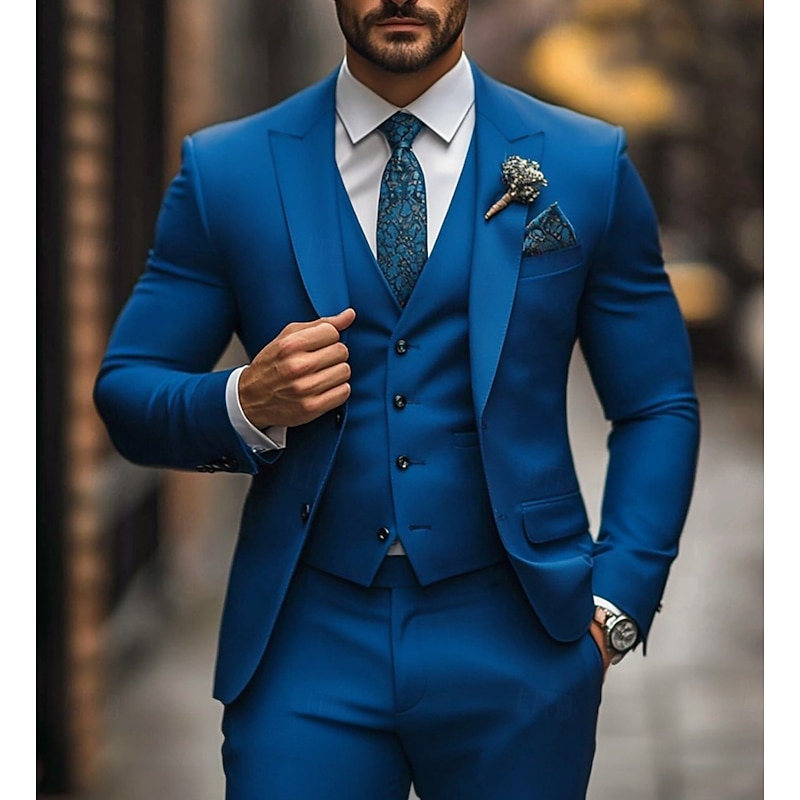 Men's Wedding Party Suits Blue Fashion Business Solid Colored Standard Fit 3 Piece Single Breasted Two-buttons