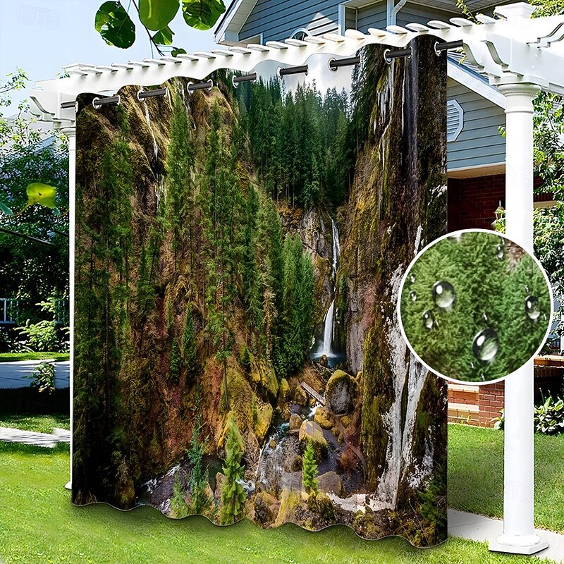 Waterproof Outdoor Curtain Privacy, Sliding Patio Curtain Drapes, Pergola Curtains Grommet 3D Tree Forest Landscape For Gazebo, Balcony, Porch, Party, 1 Panel