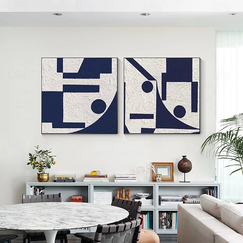 Set of 2 white blue oil painting hand painted textured minimalist painting modern navy blue oil painting wall art abstract painting for livingroom wall art decor abstract painting on canvas paintings2