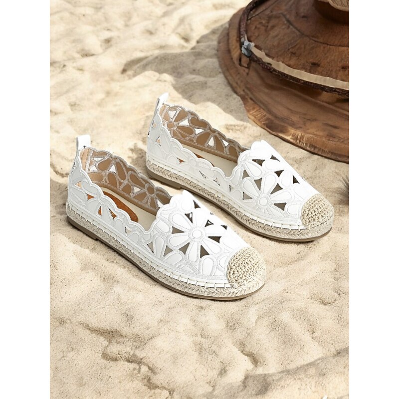 Women's White Lace Espadrille Flats – Breathable Slip-On Loafers with Floral Cutout Design for Summer, Beach, and Casual Outings2