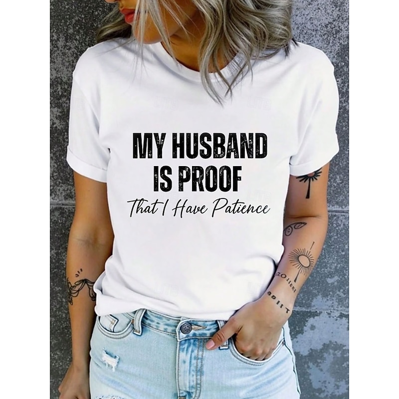 Women's Funny T Shirt Graphic Letter Stylish Casual Short Sleeve Round Neck Regular Tops Daily Weekend Print White Summer Spring