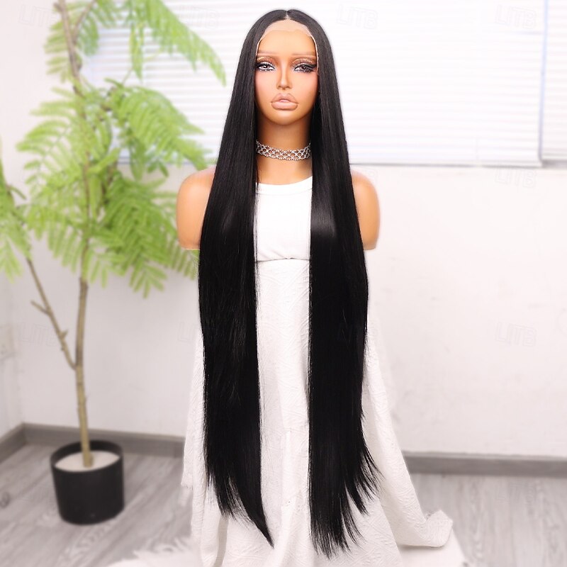 Synthetic Lace Wig Straight Style 38 inch Black Middle Part 13x4x1 T Part Lace Front Wig Women's Wig Black3