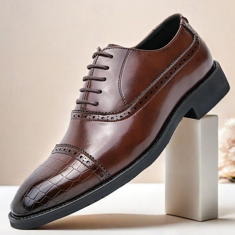 Elegant Brown Faux Leather Dress Shoes with Brogue Detailing for Professional and Business Settings