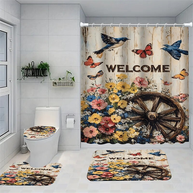 4-Piece Bathroom Set, Waterproof Polyester Shower Curtain with 12 Hooks 180cm*180cm(70"*70"), Non-Slip Toilet Lid Cover & Sturdy Bath Mat for Home Decor4
