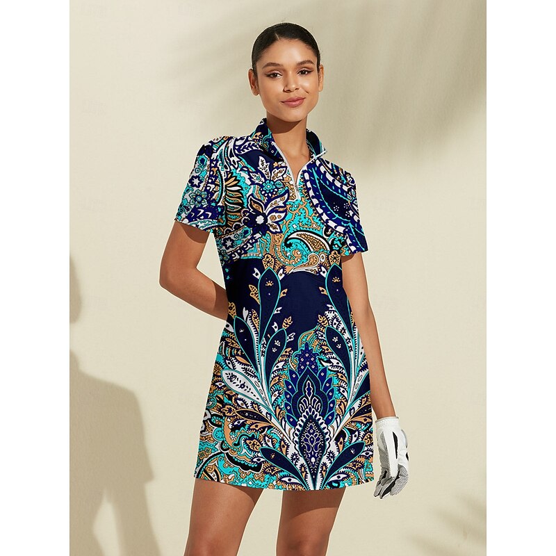 Women's Golf Dress Dark Navy Light Blue Short Sleeve Sun Protection Dress Paisley Ladies Golf Attire Clothes Outfits Wear Apparel4