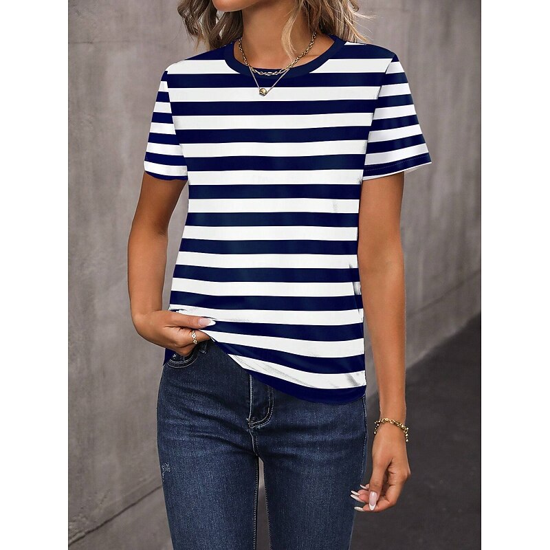 Women's T Shirt Graphic Striped Stylish Casual Short Sleeve Round Neck Regular Tops Daily Weekend Print Navy Blue Summer Spring4