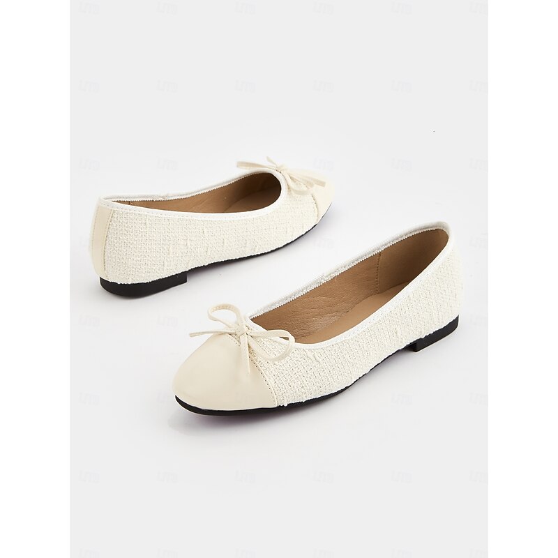 Women's Cream Ballet Flats with Bow – Comfortable Slip-On Round Toe Shoes for Everyday Wear and Casual Dates3