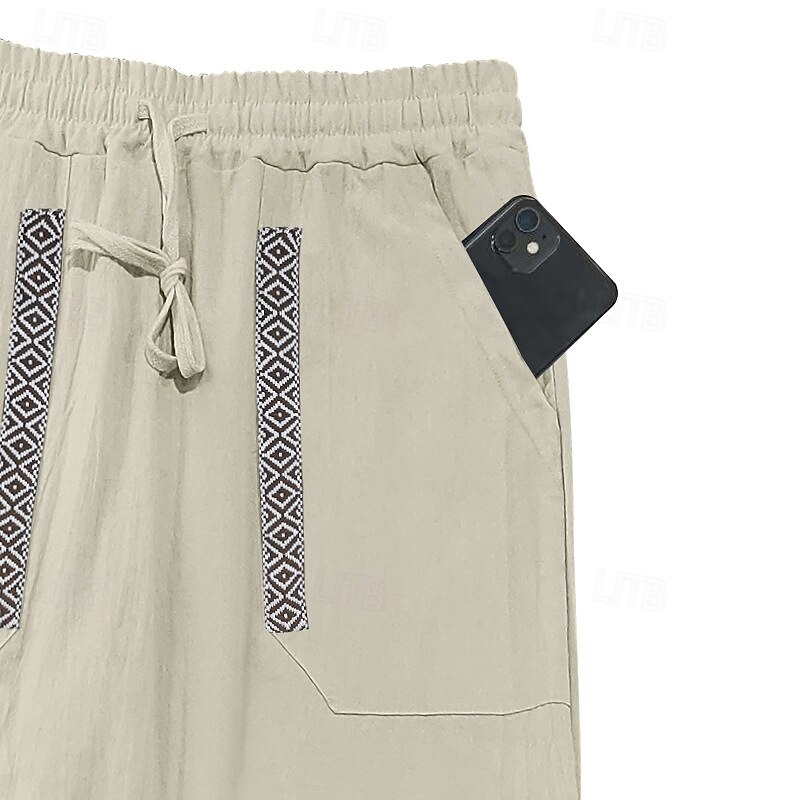 Men's Linen Pants Trousers Summer Pants Beach Pants Patchwork Drawstring Straight Leg Plain Comfort Breathable Full Length Casual Daily Holiday Fashion Classic Style Black White3