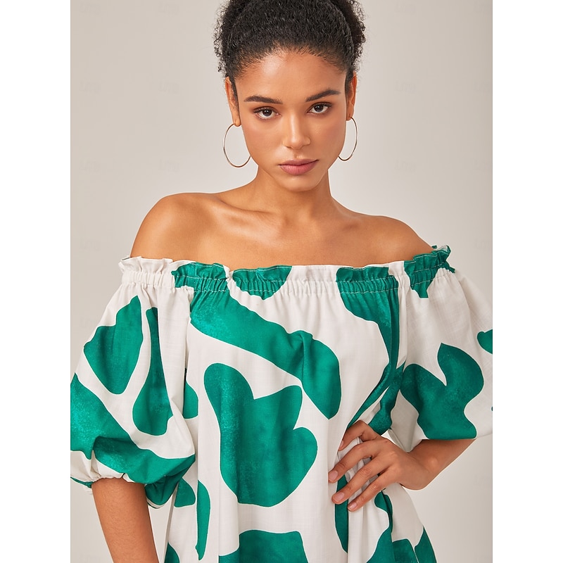 Loose-Fitting Boat-Neck Printed Color-Block Dress3