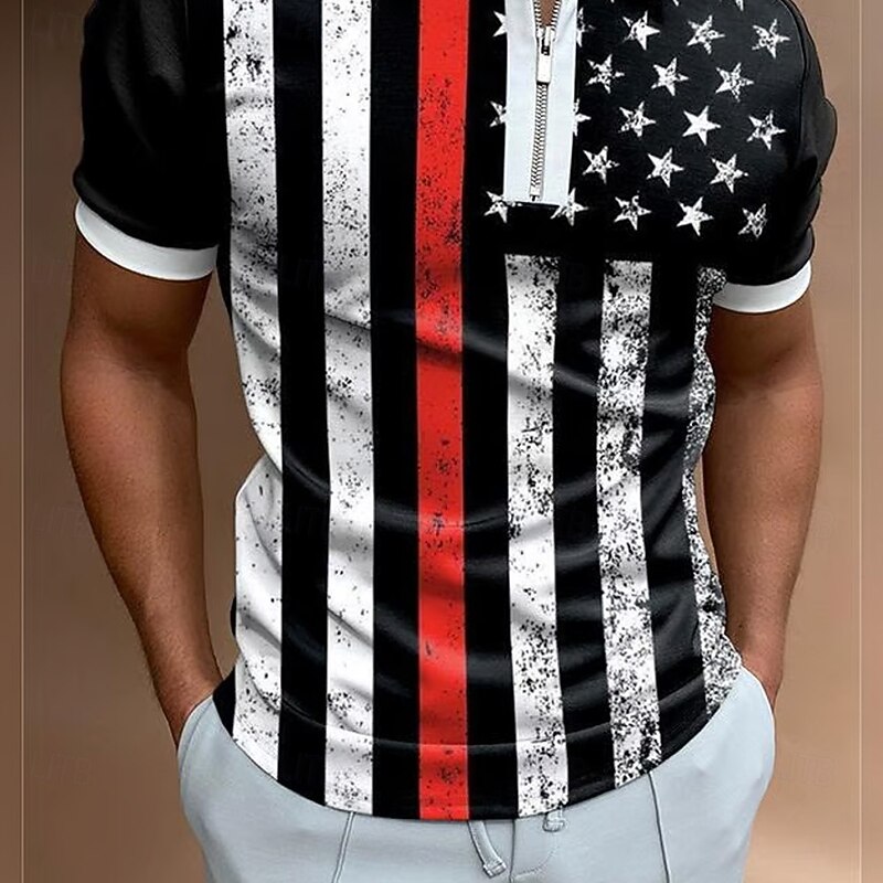 Independence Day Men's Men American US Flag Zip Polo Short Sleeve Turndown Casual Daily Outdoor Casual Daily Zipper Summer Black2