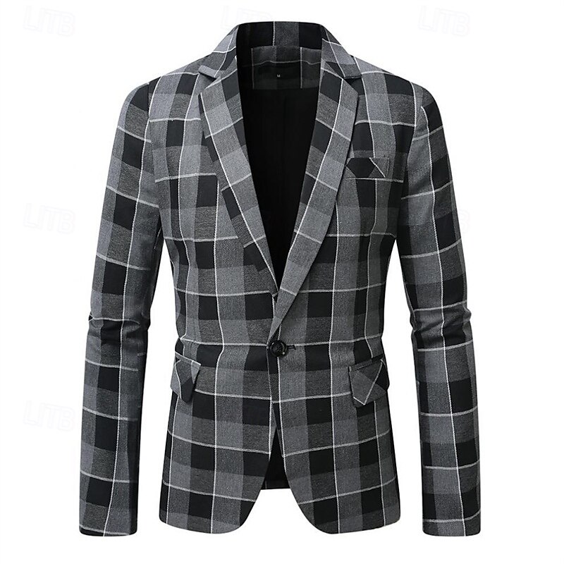 Men's Graduation Blazer Business Cocktail Party Wedding Party Fashion Casual Spring Autumn / Fall Polyester Plaid Pocket Buttons Comfortable Single Breasted Blazer Gray2
