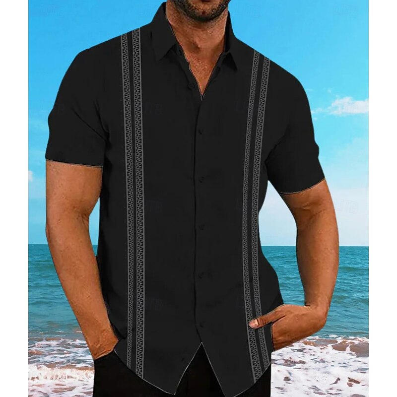 Men's Guayabera Shirt Summer Shirt Casual Shirt Button Up Shirt Black White Dark Navy Short Sleeve Pattern Solid / Plain Color Lapel Vacation Hawaiian Clothing Apparel Polyester Fashion Casual3