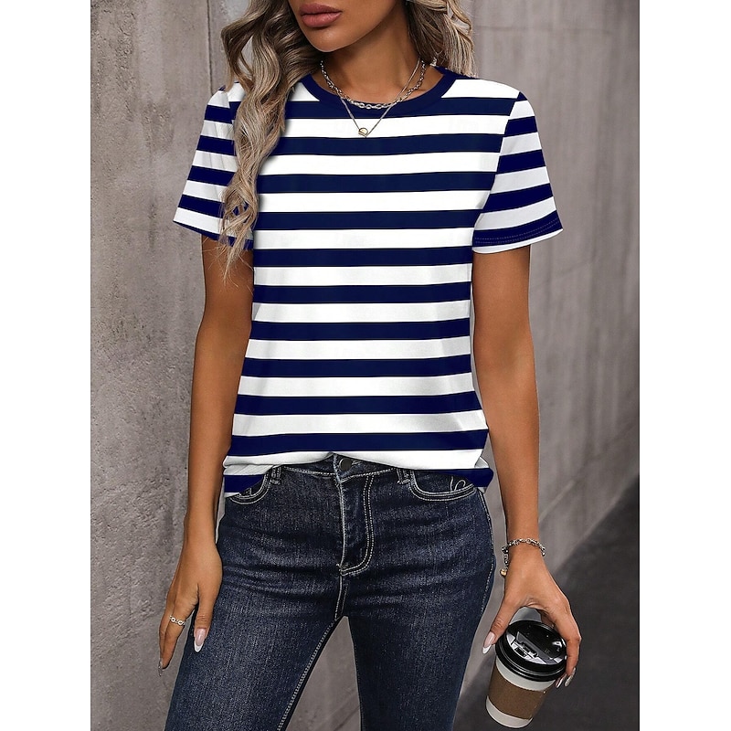 Women's T Shirt Graphic Striped Stylish Casual Short Sleeve Round Neck Regular Tops Daily Weekend Print Navy Blue Summer Spring2