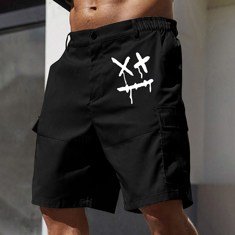 Men's Cargo Shorts Work Shorts Elastic Waist Multi Pocket Funny Smile Face Knee Length Sports Outdoor Casual Camping & Hiking Classic Shorts Black Army Green Micro-elastic2