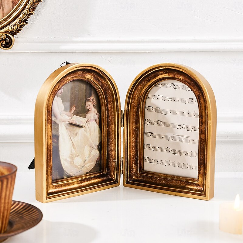 Vintage Double Arch Photo Frame – European-Style Antique Gold Tabletop Frame, Elegant Home Decor for Photo Display & Photography Prop3