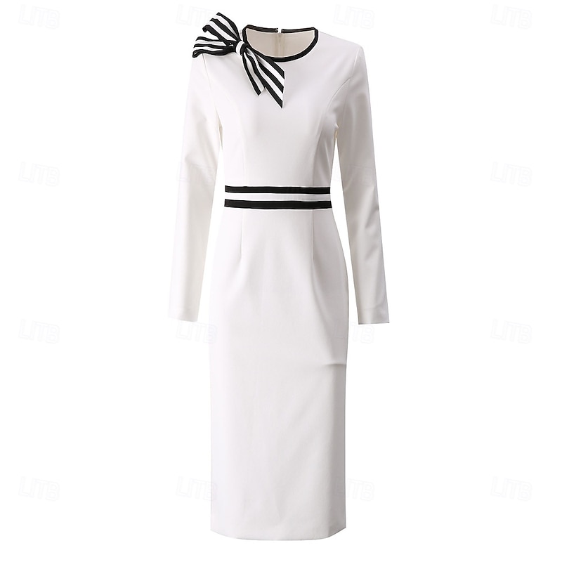 Dress Mother of the Bride Dress Elegant Vintage Casual Crew Neck Tea Length Stretch Fabric Long Sleeve with Bow(s)2