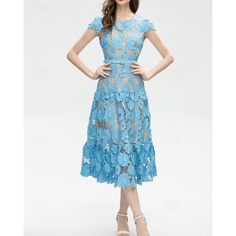 A-Line Cocktail Dresses Elegant Dress Wedding Guest Holiday Tea Length Short Sleeve Crew Neck Lace with Floral Lace3