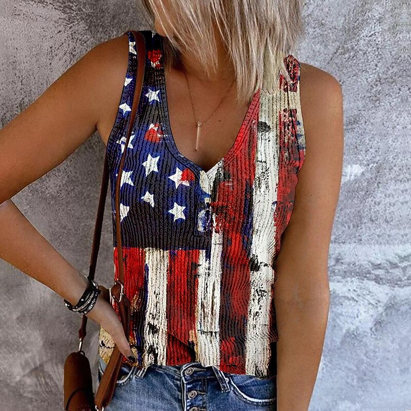 Women's Patriotic  Camisole Tank Top Flag Trendy Rock Beach Sleeveless Sleeveless V Neck Regular Tops Daily Club Uniforms Going out Yellow Blue Sky Blue