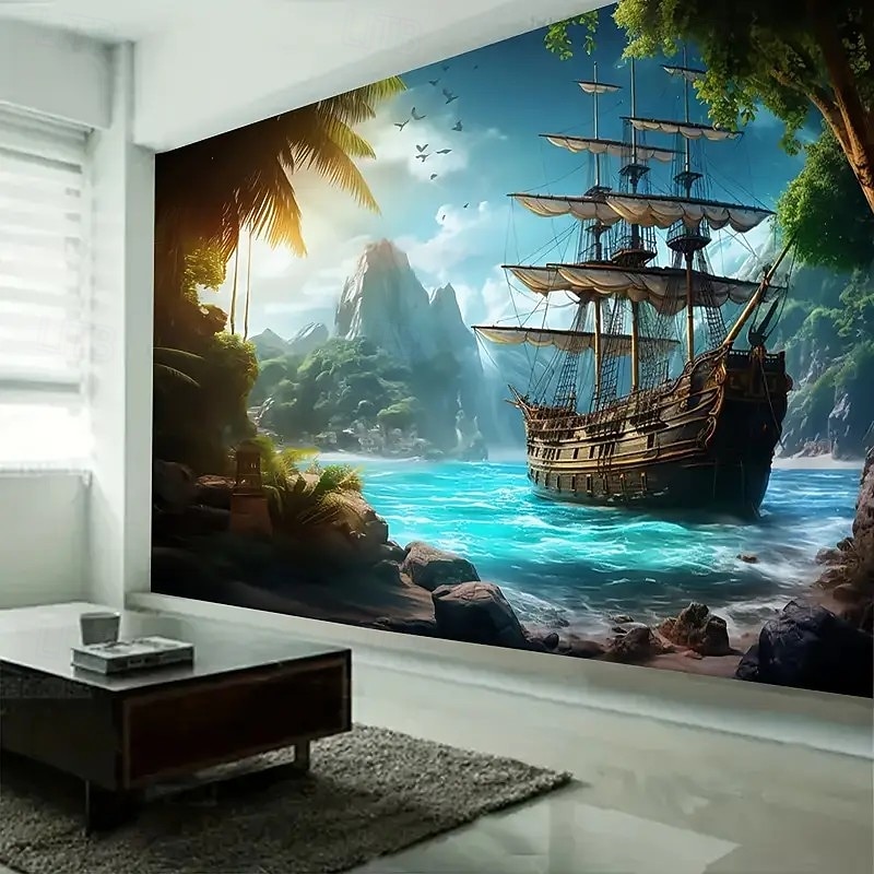 Landscape Ocean Pirate Boat Hanging Tapestry Wall Art Large Tapestry Mural Decor Photograph Backdrop Blanket Curtain Home Bedroom Living Room Decoration2