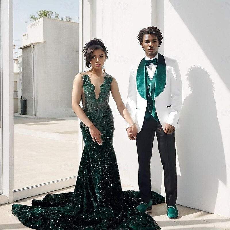 Men's Wedding Party Party Suits Shawl Lapel Green Fashion Luxury Solid Colored Standard Fit 3 Piece Single Breasted One-button