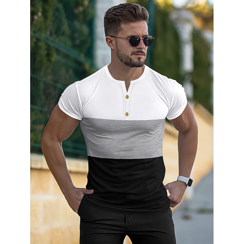 Men's Button T Shirt Henley Shirt Tee Short Sleeve Shirt Short Sleeve Henley Summer Color Block Fashion Designer Color Block Fashion Vacation Street Going out Black White+Black Yellow Top Tee for Men4