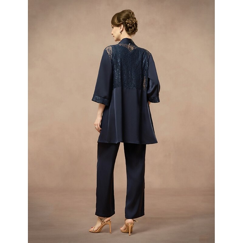 3 Piece Mother of the Bride Pantsuit Metalic Floral Lace Applique Elegant Minimalist V Neck Ankle Length Lace 3/4 Length Sleeve Jacket20252