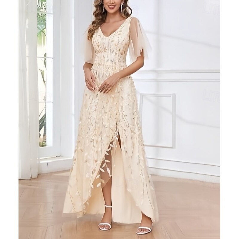 A-Line Wedding Guest Dresses High Low Dress Wedding Guest Asymmetrical Short Sleeve V Neck Fall Wedding Guest Lace with Slit3