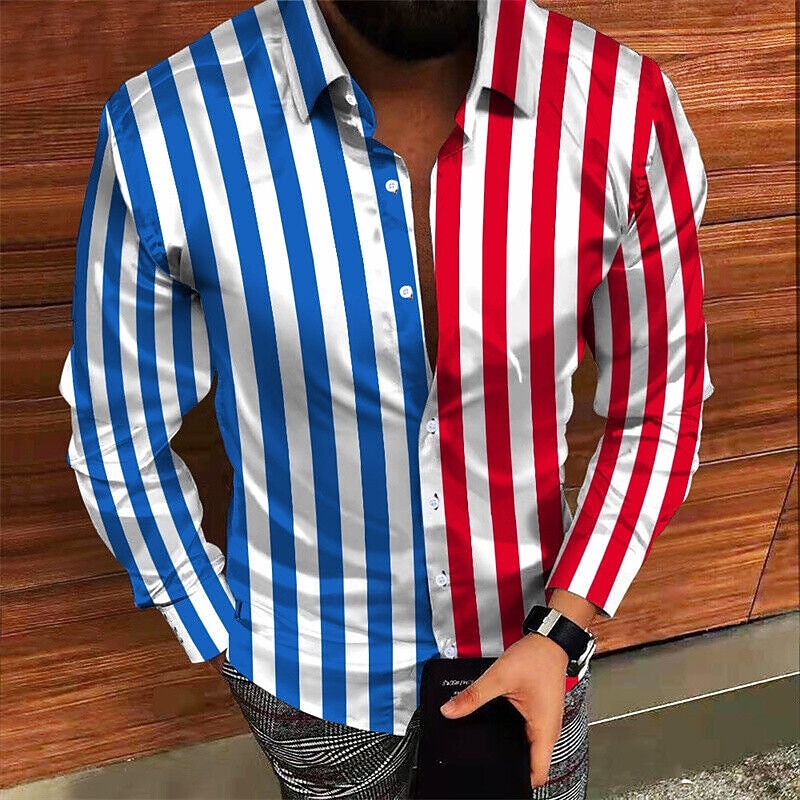 Men's Shirt Summer Shirt Casual Shirt Beach Shirt Button Up Shirt Blue Long Sleeve Vertical Stripes Lapel Vacation Hawaiian Button-Down Clothing Apparel Polyester Fashion Casual Comfortable
