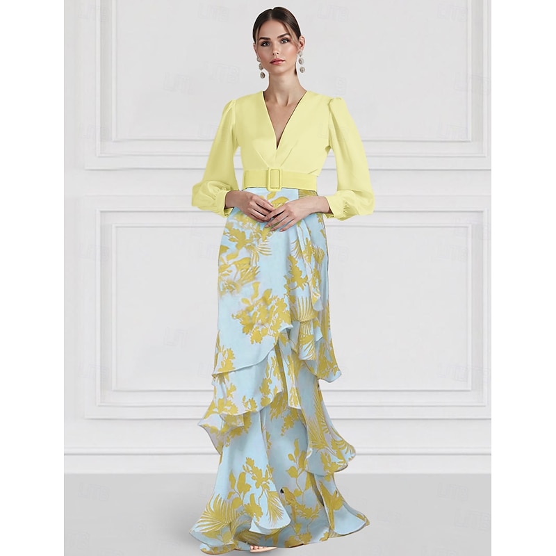 A-Line Evening Gown Elegant Dress Formal Wedding Floor Length Long Sleeve V Neck Chiffon with Floral Print Wedding Guest Dress