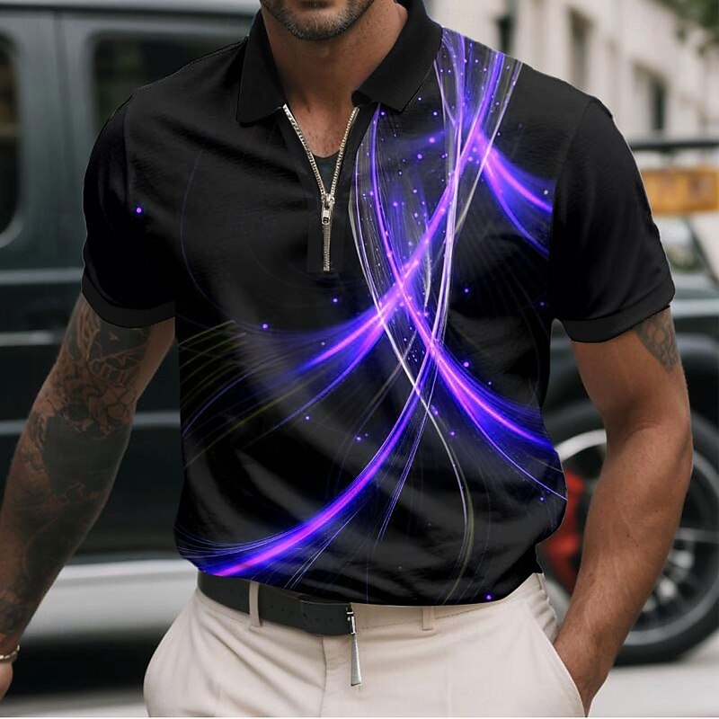 Men's Geometic Line Zip Polo Shirts Short Sleeve Polo Shirts Collared Shirts Business Casual Business Athleisure Wear to work Daily Wear 3D Print Summer Purple Orange Green
