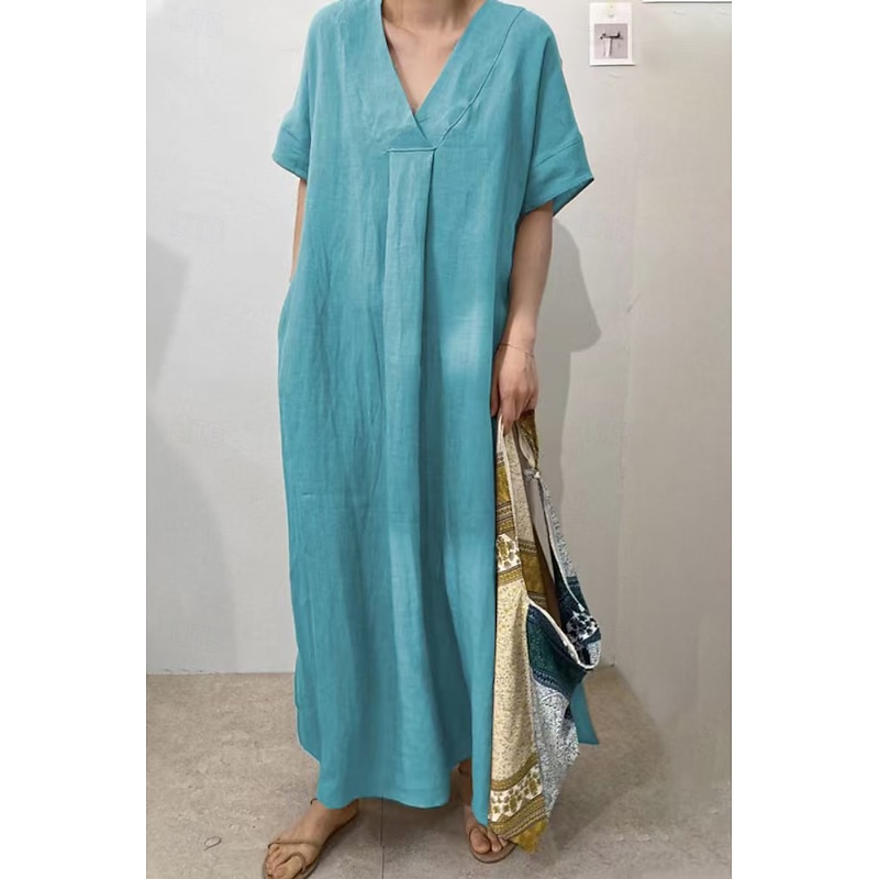 Women's Midi Dress Linen-Inspired Dresses Cotton Linen Dress Fashion Classic Modern Daily Holiday Weekend Regular Fit Plain Short Sleeve V Neck Red Camel Purple Green Summer
