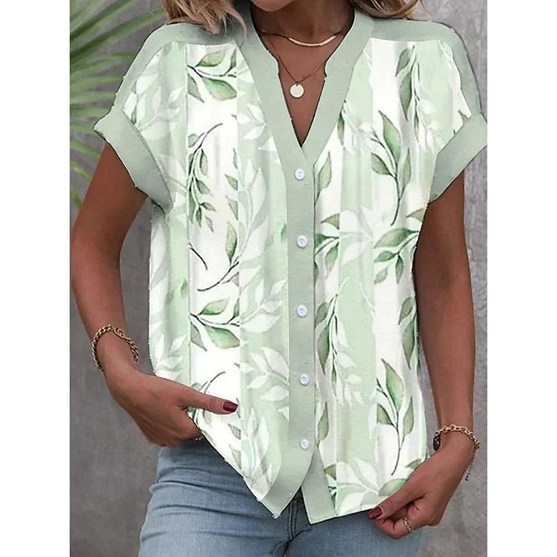 Women's Shirt V Neck Button Down Blouse Summer Tops Floral Graphic Striped Daily Stylish Short Sleeve Shirt Collar Regular Tops Daily Buttons Print Light Green Summer Spring