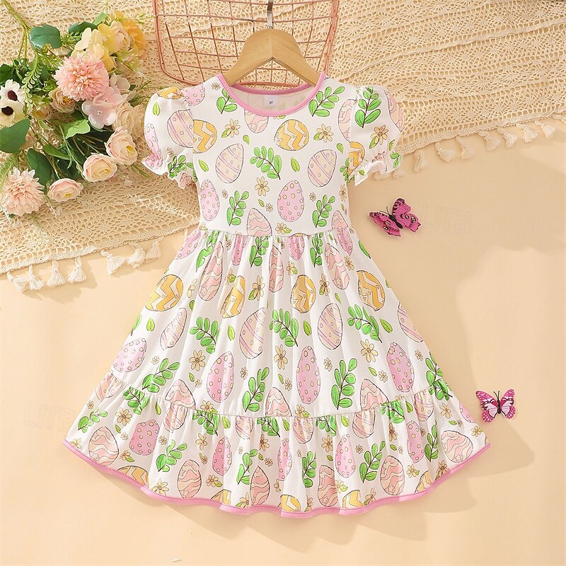 Kids Girls' Dress Flower Short Sleeve Outdoor Casual Fashion Daily Polyester Knee-length Casual Dress A Line Dress Summer 4 years+ Green
