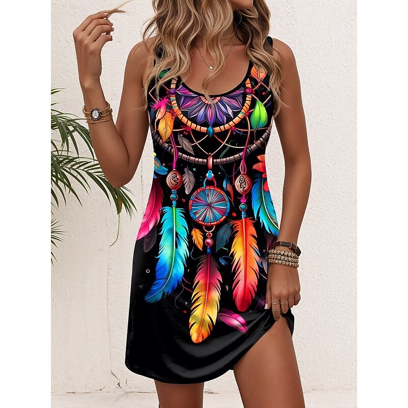 Women's Mini Dress A Line Dress Summer Dress Vacation Casual Daily Loose Fit Graphic Tribal Sleeveless U Neck Black Summer