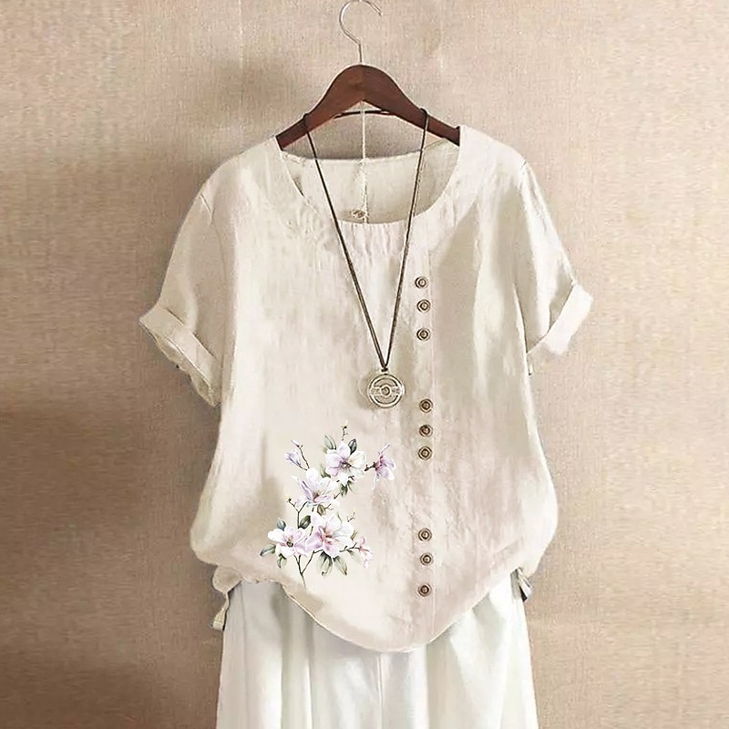 Women's Blouse Cotton Linen Shirts Flower Casual Short Sleeve Crew Neck Regular Tops Daily Holiday Print White Yellow Army Green Green Summer4