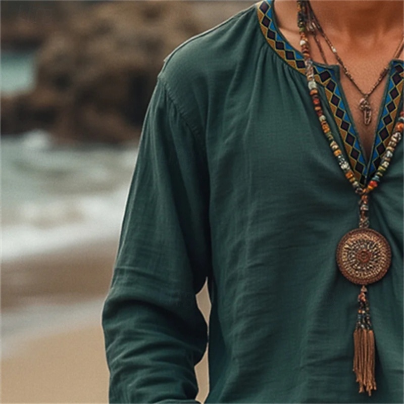 Men's Shirt Linen Shirt Summer Shirt Beach Shirt Solid Color Vacation Holiday Green Long Sleeve Clothing Apparel3