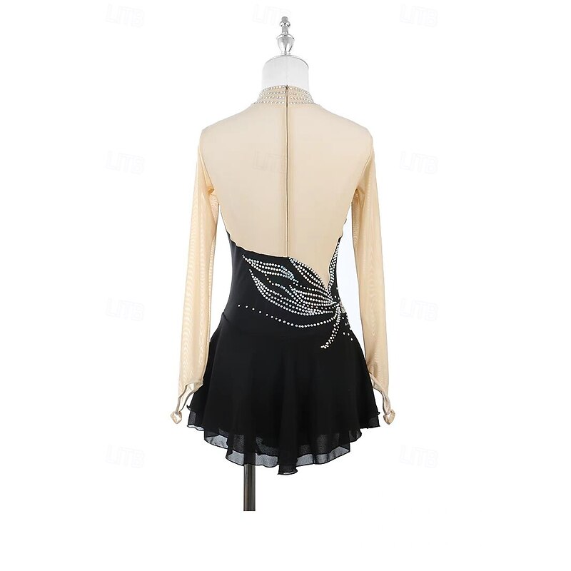 Figure Skating Dress Women's Girls' Ice Skating Dress Black Patchwork Open Back Mesh Spandex Stretchy Training Practice Professional Skating Wear Thermal Warm Crystal / Rhinestone Long Sleeve Ice3