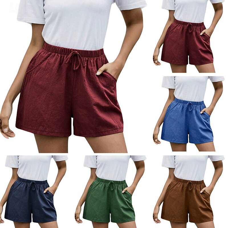 Women's Cotton Linen Shorts Shorts Fashion Streetwear Short Natural Plain Pocket Elastic Drawstring Design Comfy Outdoor Comfortable Street Daily Wear Going out Wine Dark Brown Army Green Dark Navy