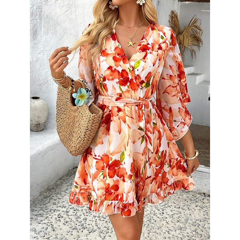 Women's Mini Dress Petite Dress Casual Dress Floral Dress Summer Dress Slip Dress Fashion Modern Daily Beach Weekend Regular Fit Floral 3/4 Length Sleeve V Neck Black Yellow Orange Green Summer3
