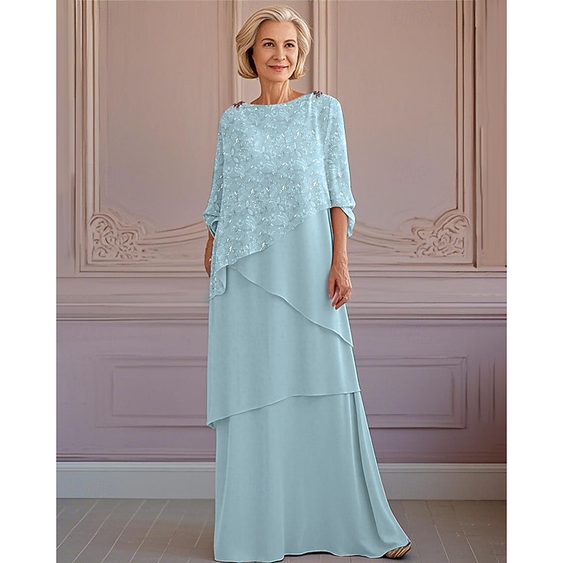 A-Line Tier Lace Mother of the Bride Dress Elegant Vintage Jewel Neck Ankle Length Lace Half Sleeve with Sequin Embroidery