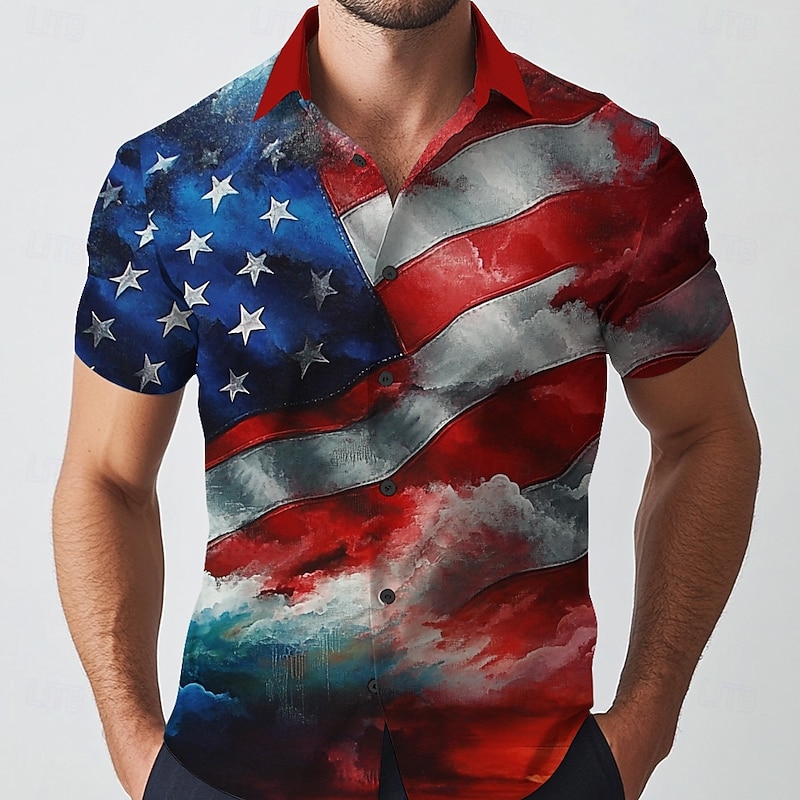 Men's American Flag Independence Day Patriotic Shirt Casual Shirt Button Up Shirt Short Sleeve Army Militray Outdoor Vacation Streetwear Summer Spring Turndown 3D Print Collared Shirts Red