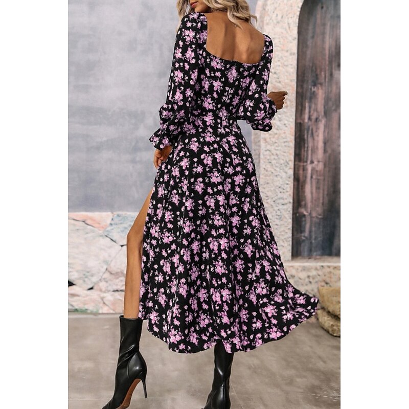 Women's Midi Dress Graduation Dress Floral Dress Fashion Modern Outdoor Vacation Holiday Regular Fit Flower Long Sleeve Square Neck White Blue Purple Gold Summer4